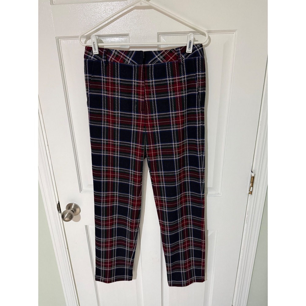 J.McLaughlin Masie Plaid Pants Womens 8 Navy Red Green Tartan Stretch Slim Leg